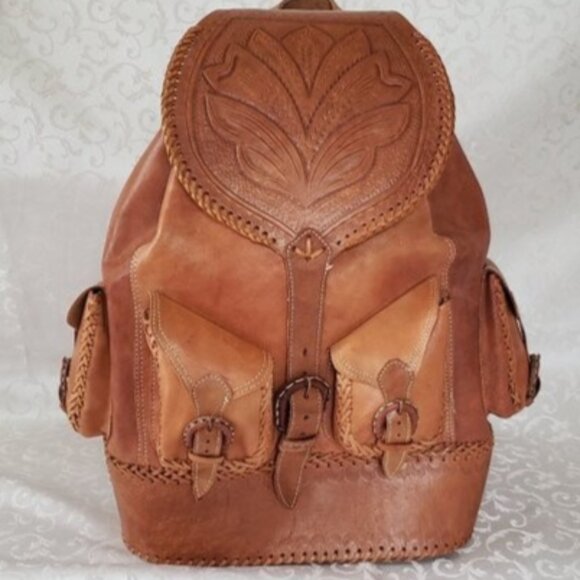 Hand Crafted Other - Large Genuine Leather Hand Tooled Backpack.  Handmade. Quality Craftsmanship